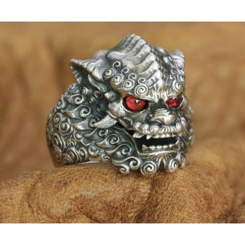 Red Eyes Chinese Style Lion Ring 925 Sterling Silver Mens Biker Rock Punk Ring TA268