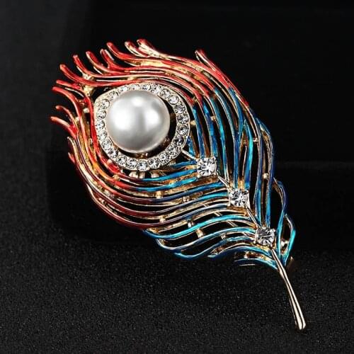 Fashion Enamel Feather Brooch For Men Jewelry Crystal Pin Brooches Pearl Christmas Hijab Accessories Womens Broches Pins