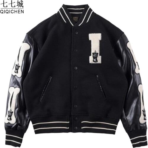 Mens Hip Hop Baseball Jackets Furry Bone Letter PU Leather Patchwork Bomber Jacket Harajuku College Oversize Coat Couple