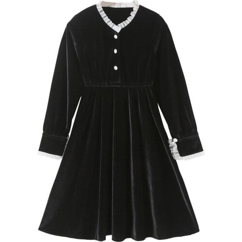 New Teen Kids Velour Autumn Dress Girls Midi Dress 2021 Children Black Long Sleeve Clothes Baby Buttons Patchwork ,#6530