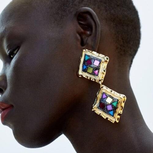 Wholesale Price ZA Colorful Drop Earrings Rhinestone Sequins Heavy Vintage Rhombus Shape Women Fashion Ear Jewelry ET1231
