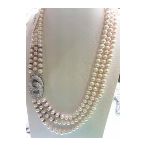 Wholesale 3rows natural AA 8-9mm white freshwater pearl necklace