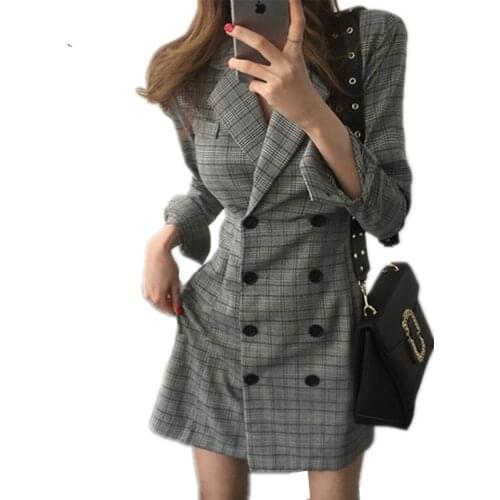 Casualsigle Breasted Work Outerwear Long Sleeve Plaid Business Dresses Women 2021 New Woman OL Slim Blazer Dress Female QH252