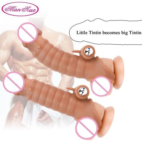 New Realistic Penis Enlargement Sleeve Reusable Liquid Silicone Vibration Condoms for Male Enlarger Delay Condom Sex Toy for Men