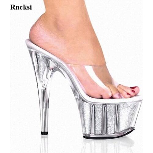 Rncksi New Stylish 15CM High Heel Platforms Slippers Women Sexy Crystal Sandals 6 Inch Glitter Heels Clubbing Womens Shoes