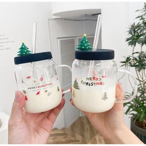 Mason Jars Christmas Glsss for Drinking Cup with Lid Reusable Glass Tea Coffee Boba Smoothie Cup with Straw Cup Water Bottle