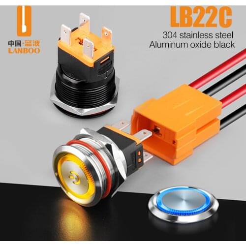 LANBOO 22mm 15A high current heavy duty 2NO waterproof IP67 momentary latching push button switch with LED 3-8V12V24V220V