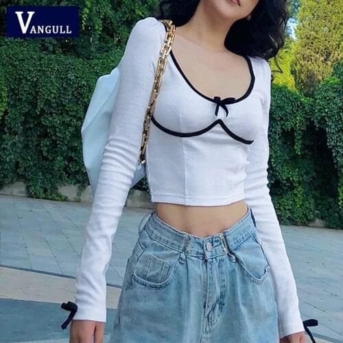 Vangull Stripe Womens T-shirts Bow Knitted Long Sleeve Y2k Aesthetic Top Female E-girl Tee Summer Casual Vintage 90s T shirt