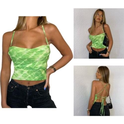 Tie Dye Backless Bandage Party Tops Fashion Summer Hollow Out Sexy Camis Tops Chic Vintage Sweet Crop Tops