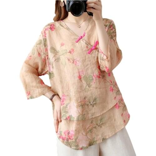 Spring Summer Women Casual Loose Chinese Style Blouse Vintage Cotton Linen Thin Plus Size Printed Hanfu Female Elegant Tops Z062