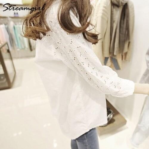 Streamgirl Summer Loose Shirt Women Plus Size Hollow Out Cotton White Shirts Long Sleeve Embroidered Plus Size Shirt For Women