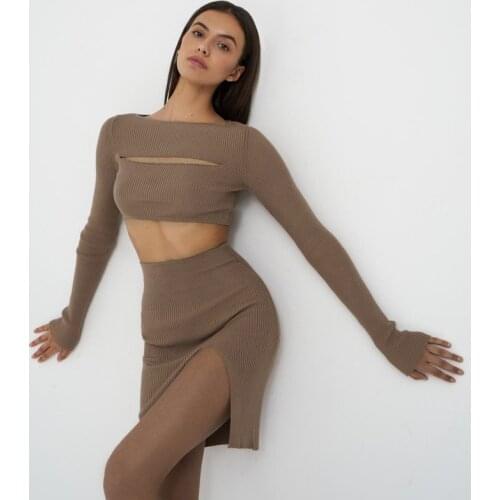 Womens 2 Piece Set Solid Color Ribbed Knitted Outfits Fashion Long Sleeve Hollow Out Crop Tops + Side Split High Waist Skirt
