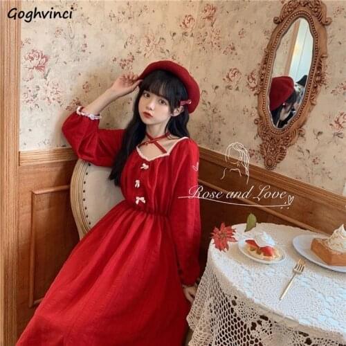 Long Puff Sleeve Dress Women Square Collar Bows A-line Chic Harajuku Sweet Preppy Retro French Autumn Kawaii High Waist Vestido