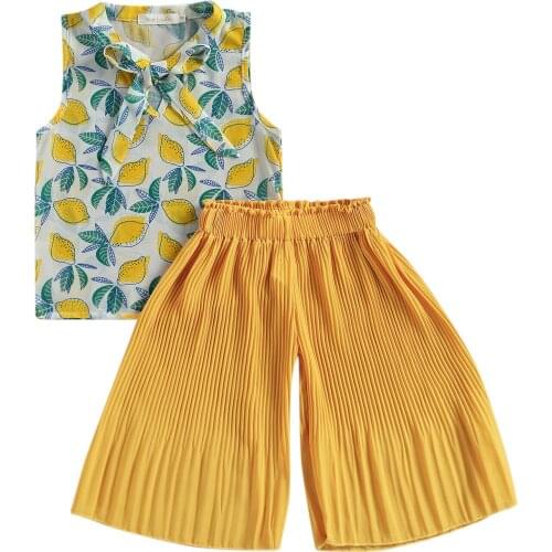 2021 Summer 2 Pieces Kids Suit Set, Floral Print V-Neck Sleeveless Tops+ Solid Color Loose Pants for Girls, Yellow/Blue Hot Sale
