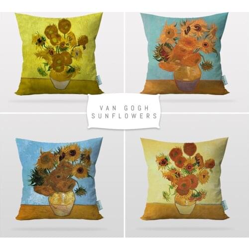 Cipcici Van Gogh Sunflower 4 Pieces Pillow Case Set Art Decor Sofa Cushion Cover Printable Art Reversible 2 Side