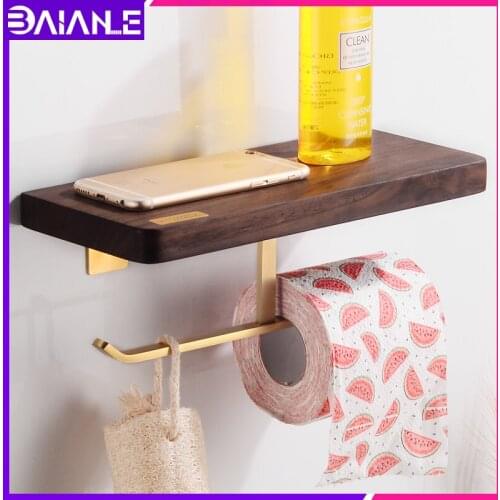 Toilet Paper Holder with Shelf Wood Brass Decorative Double Roll Paper Towel Holder Wall Mounted Creative Tissue Hanging Rack