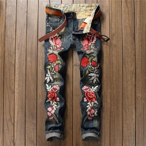 New Mens Jeans Men Ripped Torn Skinny Slim Ppants Embroidery Rose Blue No Stretch Men Trousers Hip Hop Streetwear Spring Autumn