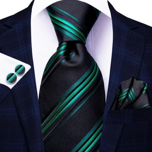 Hi-Tie Black Green Striped Silk Wedding Tie For Men Handky Cufflink Set Fashion Designer Necktie For Men Business Party Dropship