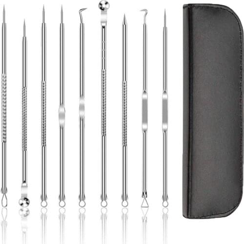 9 In 1 Pimple Popper Tool Blackhead Remover Tools Kit Comedone Extractor Acne Removal for Nose Face Skin with PU Bag Beauty Care