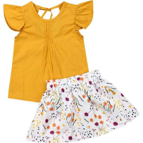 2PCS Toddler Baby Girl Outfits Clothes Set Yellow Flying Sleeve Tops+Floral Skirt Holiday Clothes 1-5Y