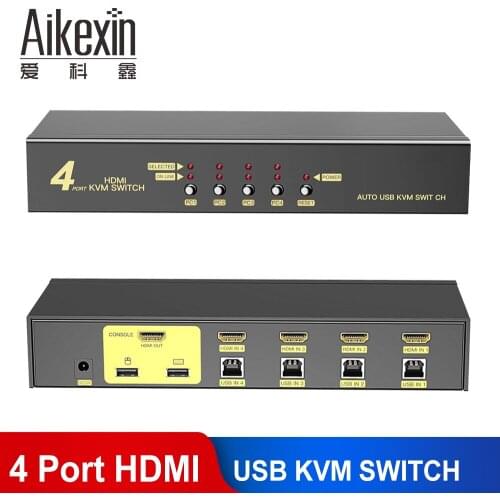 Aikexin KVM Switch 4 Port USB HDMI KVM Switch 4x1 HDMI Switch Support 1080p 3D and Auto Scan Keyboard Mouse Switcher