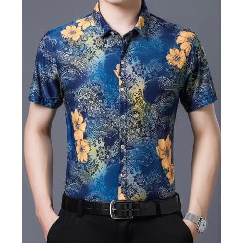Summer Fashion Mens Shirts Casual Printing Dress Shirt Male Short Sleeve Clohtes Floral Printed