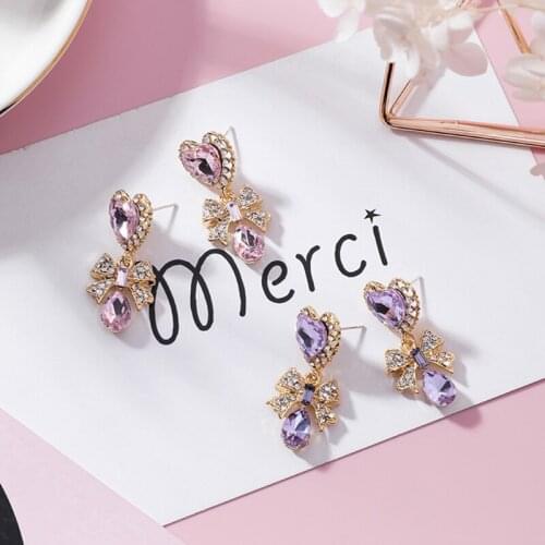 Cute Romantic Crystal Stone Heart Love Drop Earrings Pendientes Rhinestone Bowknot Long Earrings For Japanese Female Jewelry