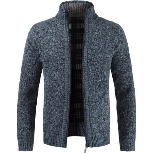 New 2021 Autumn Winter Men Knitted Sweater Pockets Plush Liner Warm Slim Cardigan Coat