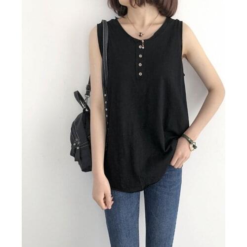 New Solid Color Plus Size Women Tank Tops Summer Loose Thin Retro Button Sleeveless T-shirt Casual Outer Wear Bottoming Vest