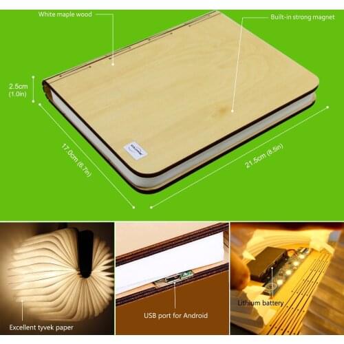 LED Wood Turning books Nightlight USB rechargeable LED folding lamp book creative and 1pcs Leather Rope