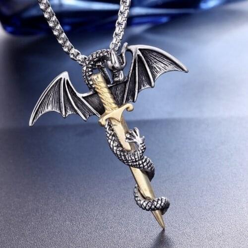 Retro Viking Pterodactyl Holy Sword Shape Pendant Necklace Mens Necklace Metal Sliding Dragon Necklace Accessorie Party Jewelry