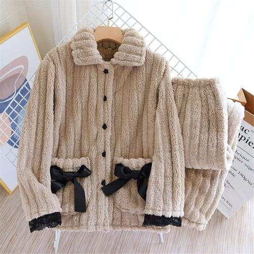 Two Piece Pajamas Set Loungewear Woman Fleece Pants Coral Fleece Pajama Thicken Warm Sweet Cute Winter Home Wear Sleepwear Suit