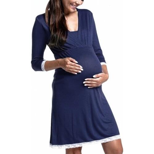 Maternity Dress Maternity Pajamas Solid Color Lace Stitching Breastfeeding One-Piece Dress Maternity Home Service Pajamas