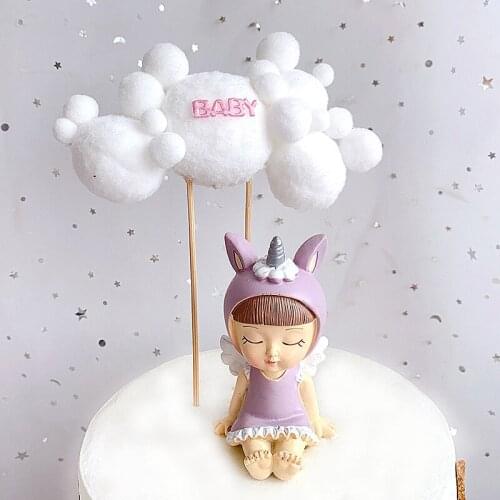 Plush Baby Happy Birthday Cake Topper White Cloud Cupcake Topper For Kids Birthday Party Cake Decorations Supplies Baby Shower