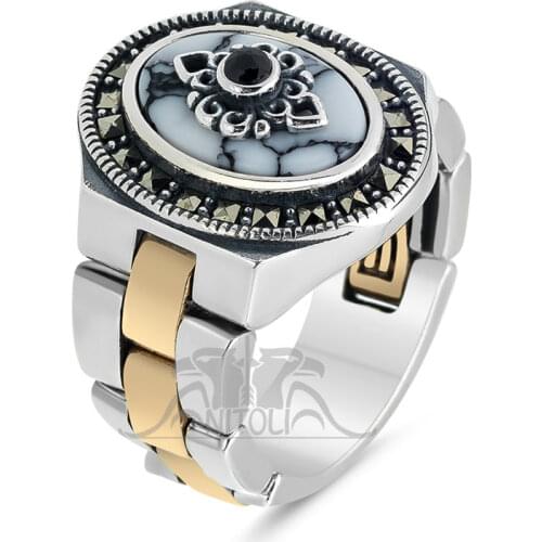 Watchband Men Ring with Oval White Turquoise Gemstone