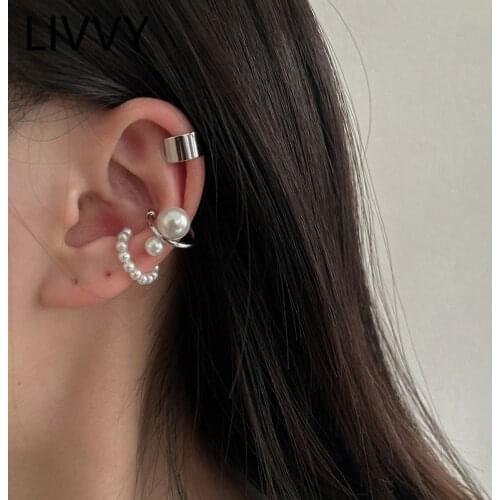 LIVVY Silver Color 3pcs/Sets Pearl Ear Cuff Simple Geometry Clip Earrings Without Piercing Elegant Women Jewelry