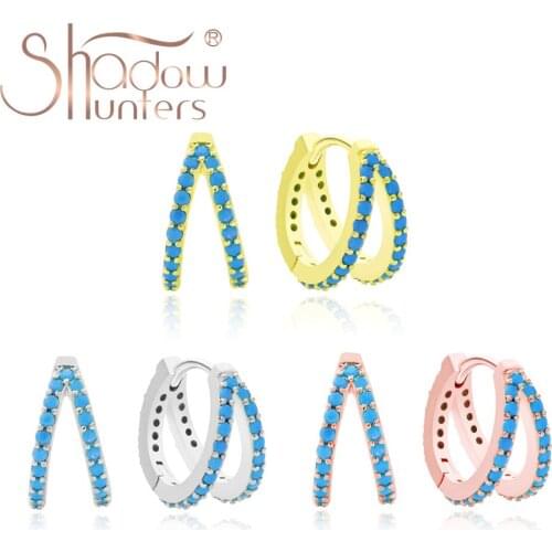 SHADOWHUNTERS Fine 925 Sterling Silver Huggie Hoop Earrings Two Rows Turquoise Scholarship Hoops For Women Jewelry Gift Piercing