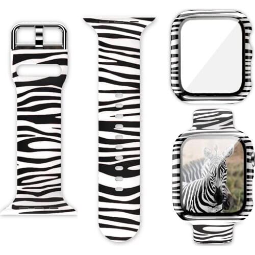 Zebra print pattern Silicone Strap for Apple Watch Band 44mm 40mm 38 42mm Spots Flower Band Series PC+Tempered Glass Case