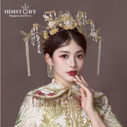 HIMSTORY Chinese Vinatage Bridal Gold Wedding Phoenix Coronet Elegance Long Tassel Hair Accessories Bride Hair Jewelry