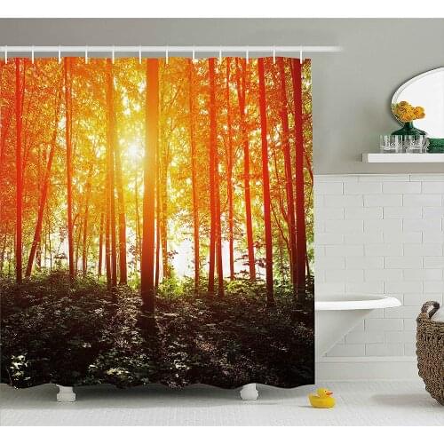 Nature Shower Curtain Foggy Forest Scenery with Sunrays Reflecting on Trees Mystic Woodland Image Waterproof Curtains Home Decor