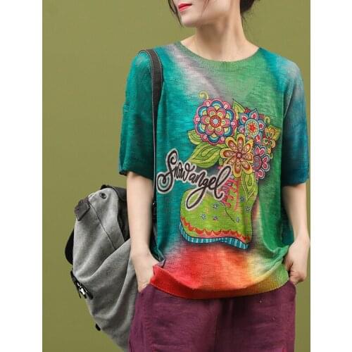 Lamtrip Unique Oil Painting Sunflower Colorful Print Knitted Cotton Short Sleeve T-Shirt Women Top 2021 Summer