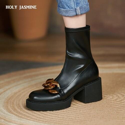 Genuine Leather Boots Square High Heels 2021 New Autumn Winter Ankle Boots for Women Brand Chelsea Boots Fashion Chain Shoes
