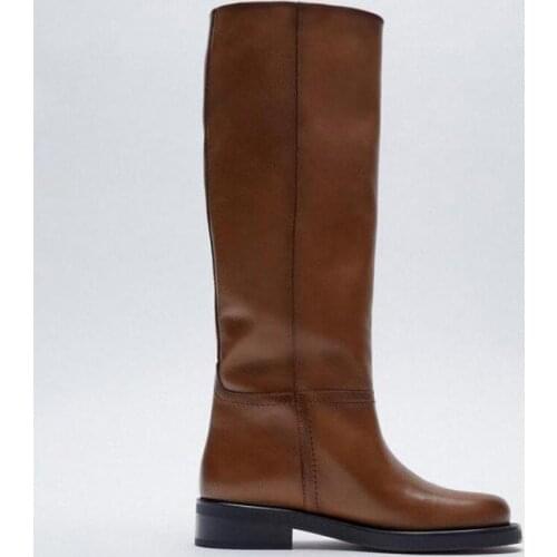 Retro Western Cowboy Boots 2021 Winter Round Toe Brown Genuine Leather Knight Boot Knee-high Boots Botas Femininas Shoes Woman