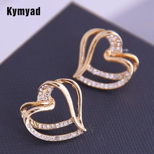 Kymyad Korean Earrings 2021 Trendy Crystal Double Heart Stud Earrings For Women Gold Color Crystal Woman Earring Party Gift