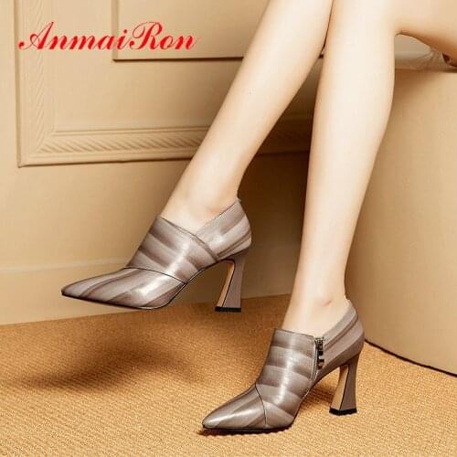 ANMAIRON 2020 Womens Shoes Genuine Leather Zip High Heel Shoes Basic Square Heel Office & Career Mature Women Pumps Size 34-39