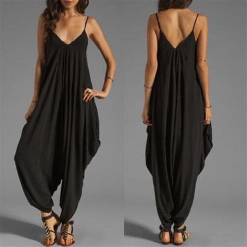 Women Casual Sleeveless Jumpsuits Summer Deep V-Neck One-piece Solid Long Rompers Casual Plus Size Loose Long Pants Playsuits