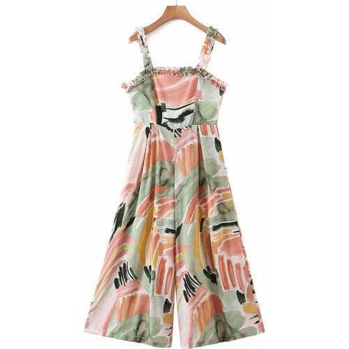 YENKYE Vintage Multicolor Print Women Jumpsuit Sexy Sleeveless Wide Leg Romper Female Summer Holiday Casual Chiffon Monos Mujer