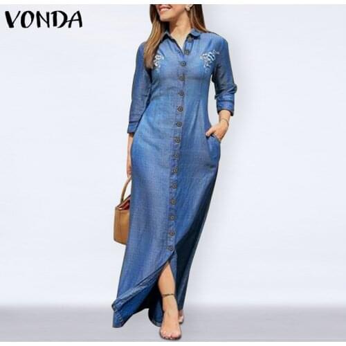 Plus Size Womens Sundress 2021 VONDA Casual Button Up Turn-down Collar Maxi Dress Elegant Long Shirt Dresses Oversized Vestidos