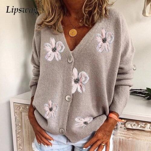 Winter Embroidered Flower Knitted Sweater Women Fashion V Neck Button Cardigan Sweater Autumn Long Sleeve New Casual Tops Jumper