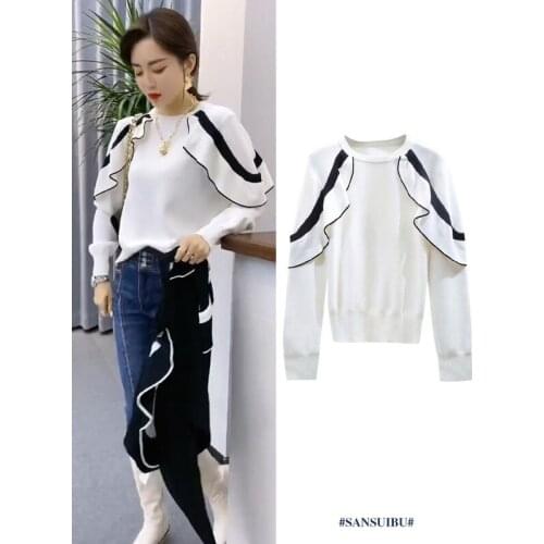 Retro Pleated Falbala Stitching Contrast Color Round Neck Long Sleeve Knitted Sweater 2021 Spring Women Clothes